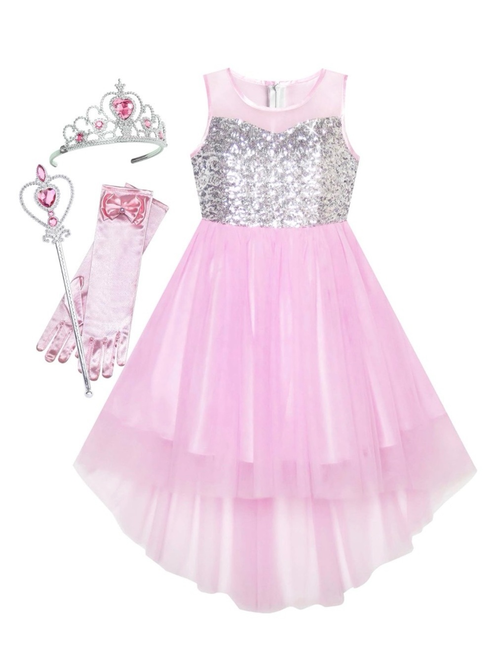 Pink Sequin Princess Costume Dress with Tiara & Wand -
